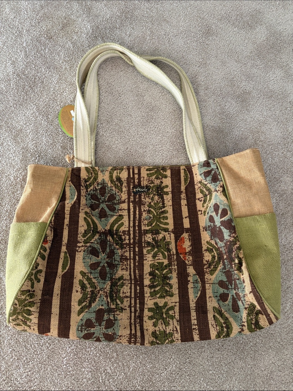 NWT Avani Division of Sun N Sand Boho Floral Striped Jute Tote Bag - Green & Tan